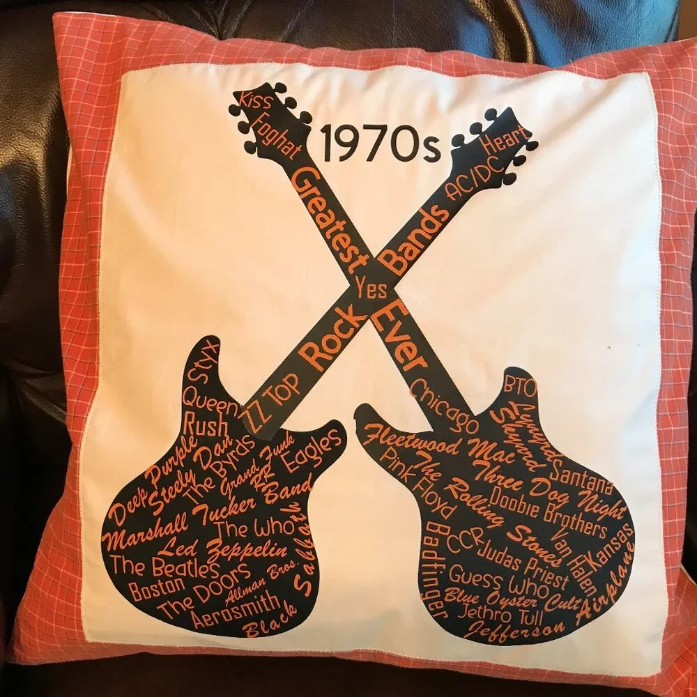 Handmade Pillow Cover, 1970s Rock Bands Guitars Music Room Decor 20 x 20 inches